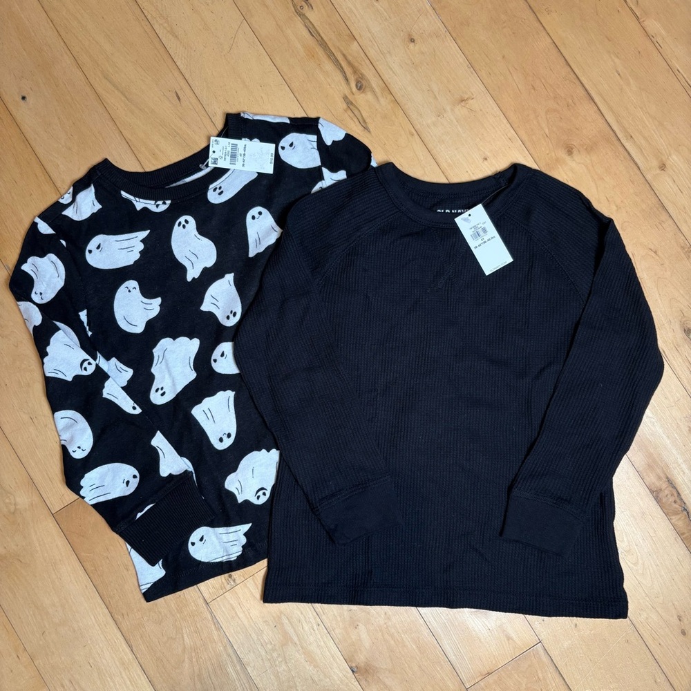 2PK OLD NAVY Long Sleeved T-Shirts Black Waffle Knit & Black/White Ghost Size 4T